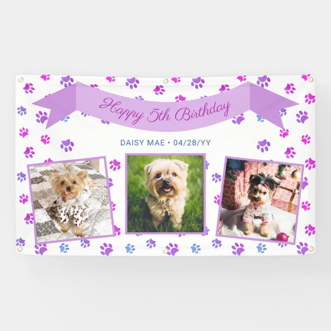 Banderoles Photo Collage Violet rose Empreintes de pattes Ani (Horizontal)