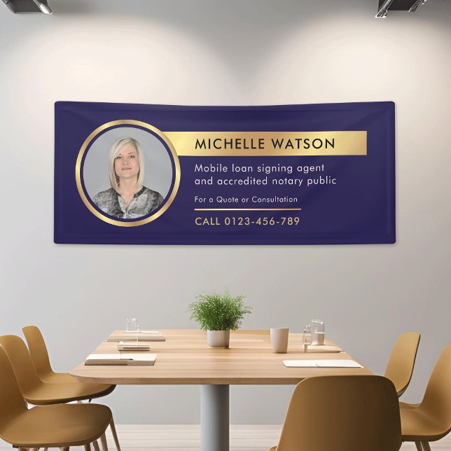 Banderoles Photo de publicité commerciale Marine & Gold (Corporate navy & gold photo promotional fabric banner *mockup background photo is Ai generated)
