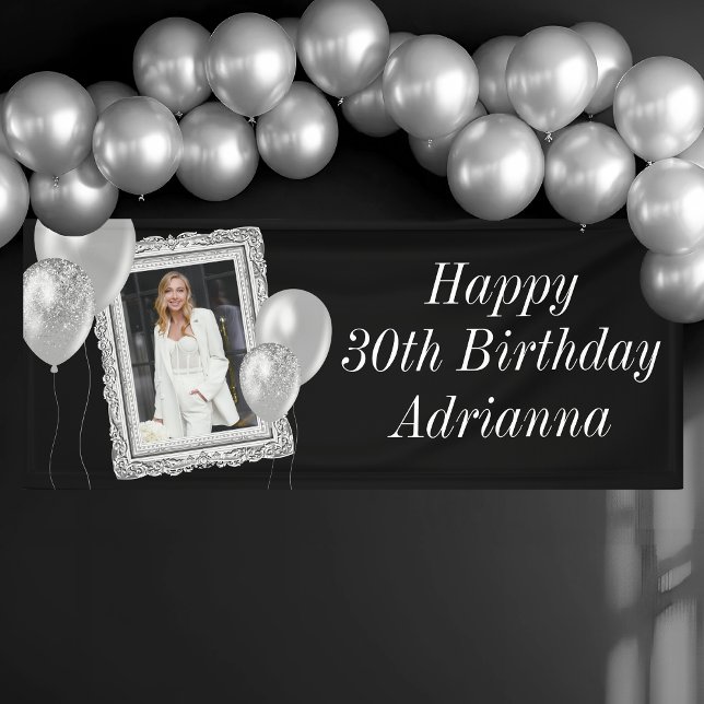 Banderoles Photo et ballons noir et argent élégant Anniversai (Black and Silver Birthday Banner with Photo)