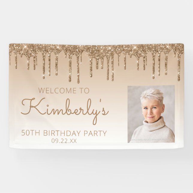 Banderoles Photo personnalisée Gold Parties scintillant Drip  (Horizontal)