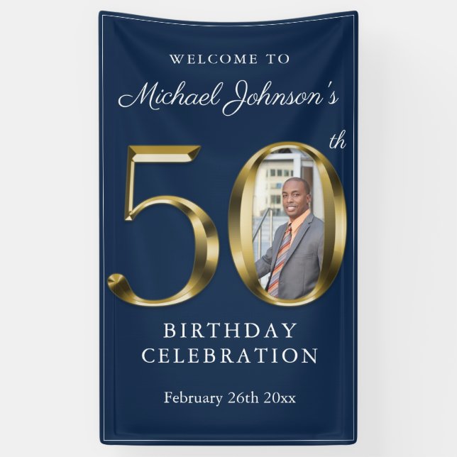 Banderoles Photo personnalisée Marine Blue 50th Birthday Soli (Vertical)