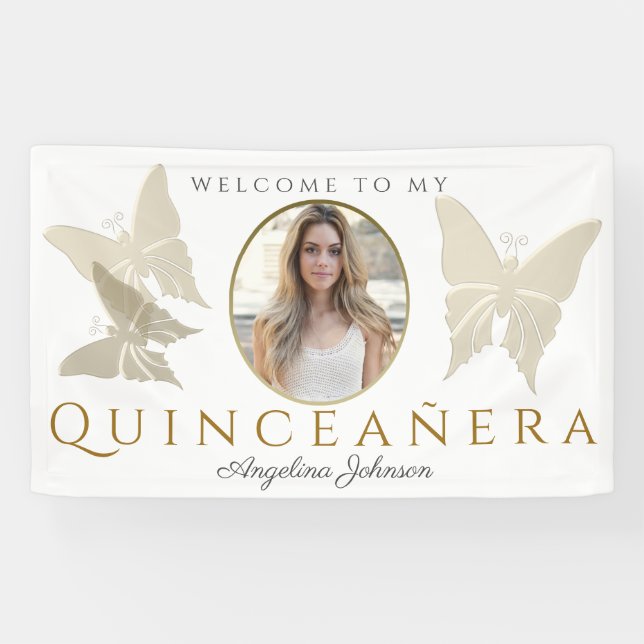 Banderoles Photo Quinceanera Gold Butterfly Welcome (Horizontal)