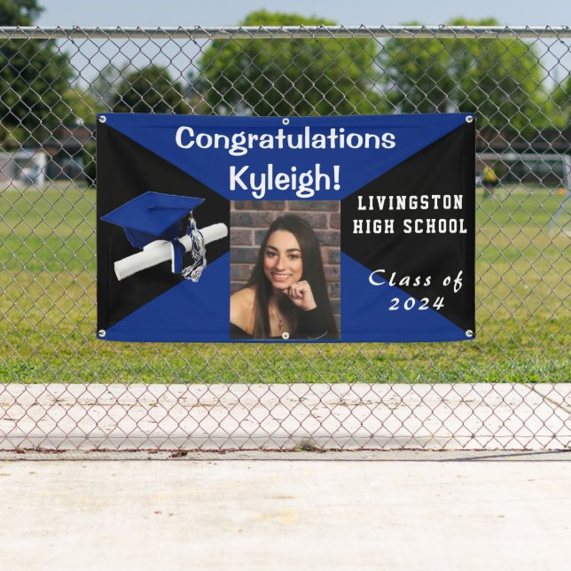 Banderoles Photo Royal Blue and Black Vinyl Graduation (En situation)