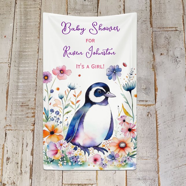 Banderoles Pingouin bébé en fleurs Baby shower de fille (Créateur téléchargé)