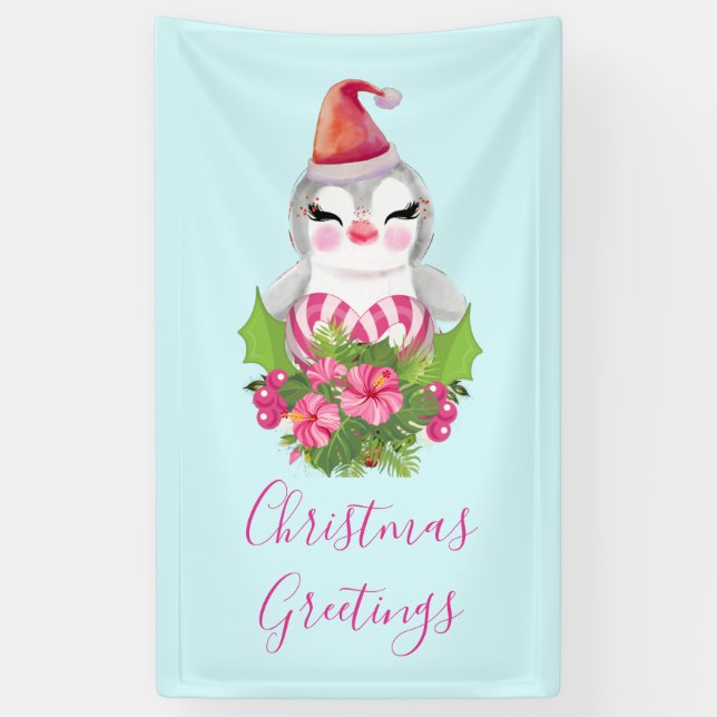 Banderoles Pingouin de Noël mignon à Santa Hat (Vertical)