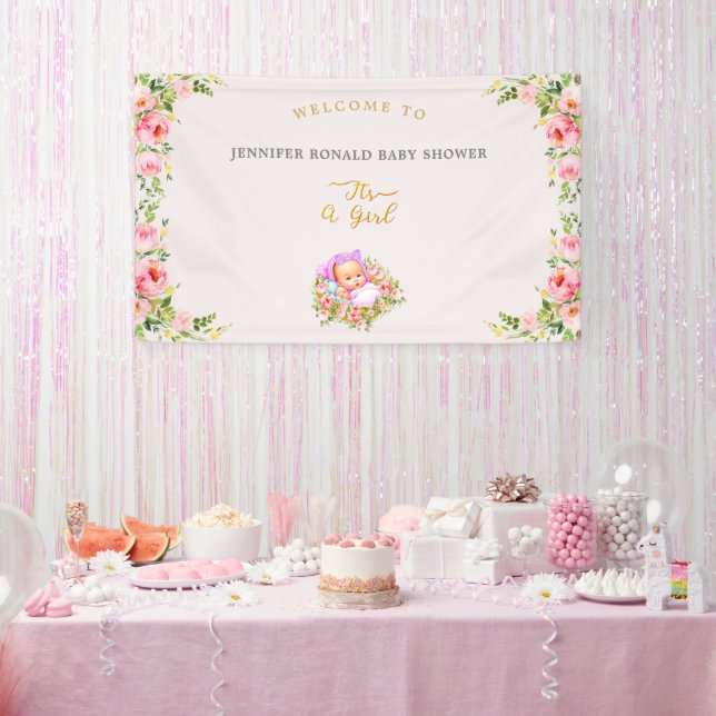 Banderoles Pink and Gold Flower thème c'est un baby shower fi (Fête)