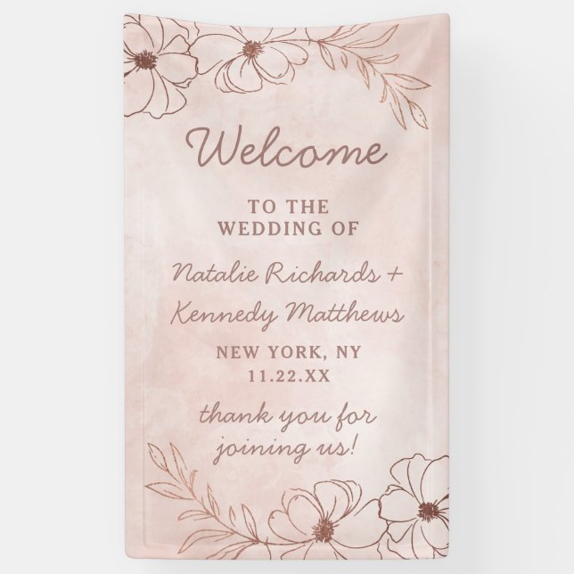 Banderoles Pink et Rose Gold Foil Mariage Floral Bienvenue (Vertical)