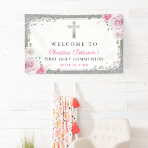Banderoles Pink Floral Argent Première Communion Sainte Bienv