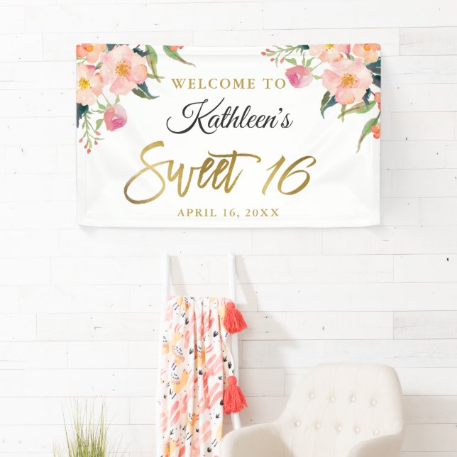 Banderoles Pink Floral Gold Script Sweet 16 Anniversaire Bann (En situation)