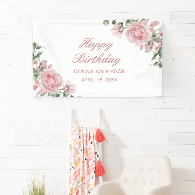 Banderoles Pink Floral Rose Birthday Party Plate (En situation)