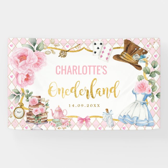 Banderoles Pink Gold Alice dans l'Onederland 1ère fête d'anni (Horizontal)