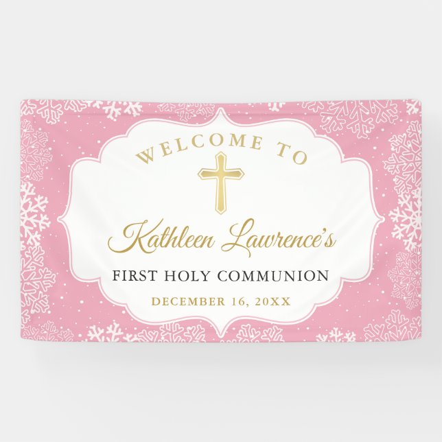 Banderoles Pink Gold Snowflakes hiver première communion bann (Horizontal)