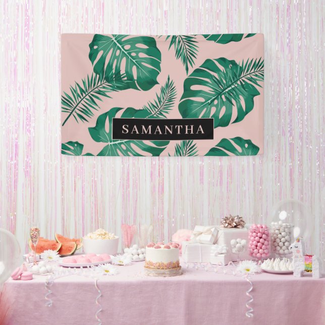 Banderoles Pink & Green Palm Feuille Motif & nom (Fête)