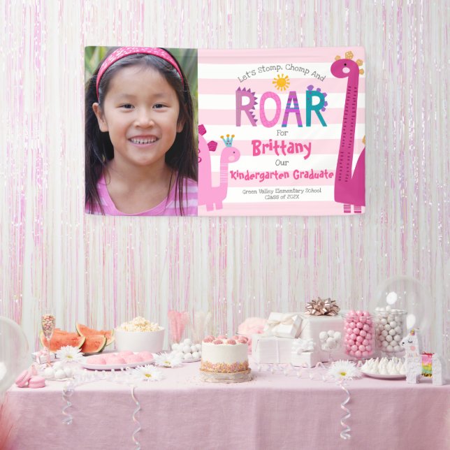 Banderoles Pink Kindergarten Graduation Photo Dinosaur Girl (Fête)