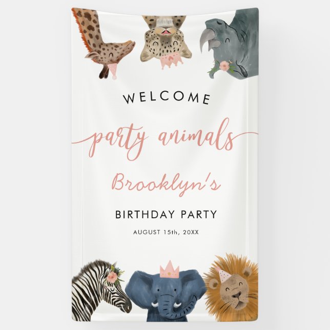 Banderoles Pink Party Animaux Safari Anniversaire Bienvenue (Vertical)