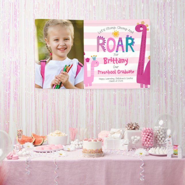 Banderoles Pink Preschool Graduol Photo Dinosaur Girl Cute (Fête)