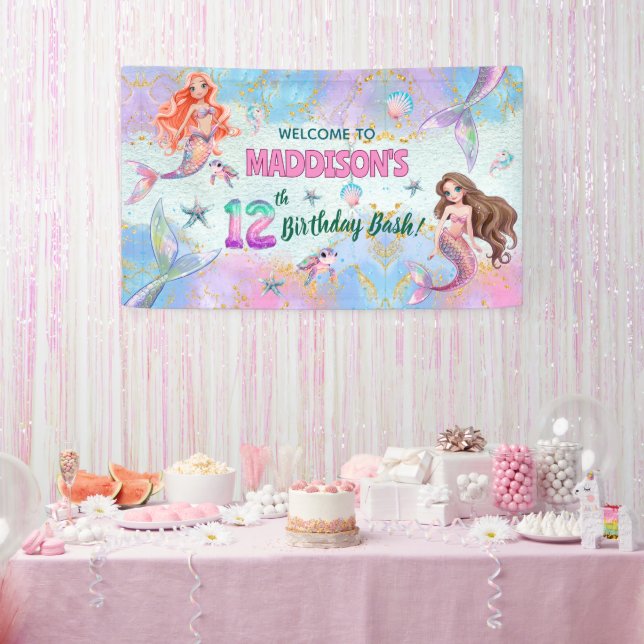 Banderoles Pink Purple Glitter Mermaids 12th Birthday Welcome (Fête)
