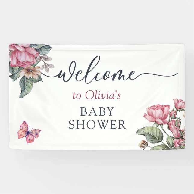 Banderoles Pink rustique rose floral Welcome (Horizontal)