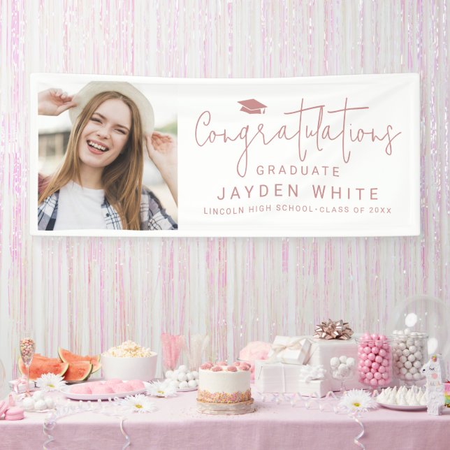 Banderoles Pink Simple Modern Script Photo Graduation Party (Fête)