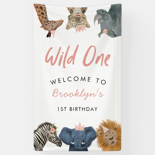 Banderoles Pink Wild One Safari Thème Le 1er anniversaire du  (Vertical)