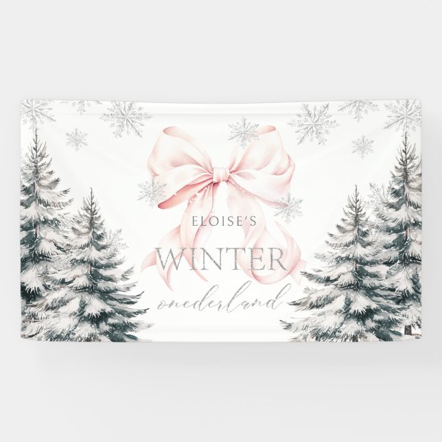 Banderoles Pins de Bow rose Hiver Onederland 1er anniversaire (Horizontal)