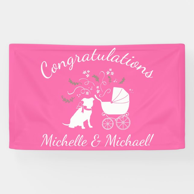Banderoles Pit Bull Chien Baby shower rose fille Pitbull (Horizontal)