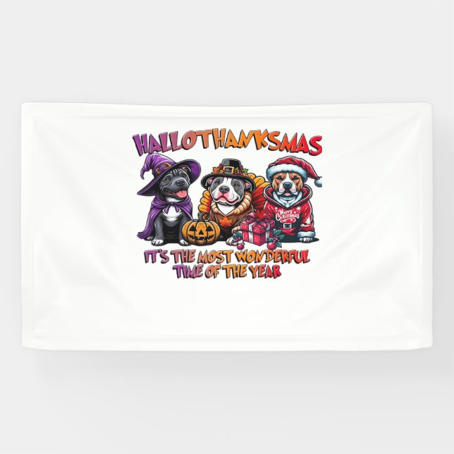 Banderoles Pit Bull Halloween Thanksgiving Noël Classique (Horizontal)