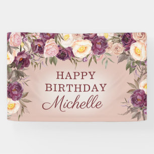 Banderoles Pivoines Vintage Élégantes Rose Violet Joyeux Anni