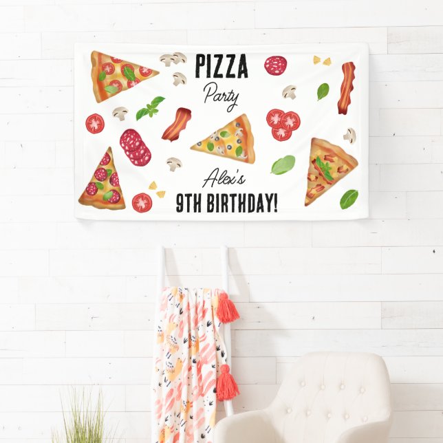 Banderoles Pizza Party Thème Aquarelle Anniversaire de enfant (En situation)