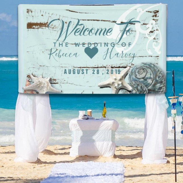 Banderoles plage tropicale mer bleu aqua mariage coquillage (tropical beach aqua blue seashell wedding banner)