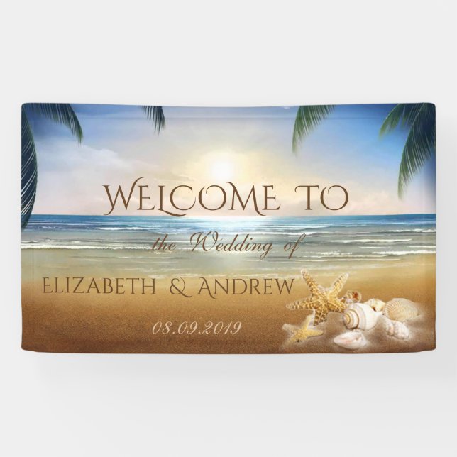Banderoles Plage tropicale, Palmiers, Mariage de coquillages (Horizontal)
