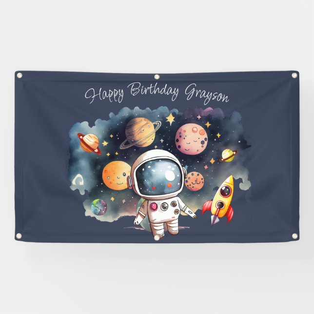 Banderoles Planètes de l'extérieur Bleu Joyeux anniversaire (Horizontal)