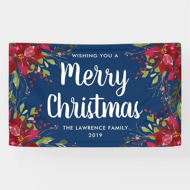 Banderoles Poinsettia Joyeux Noël Vacances bleu marine (Horizontal)