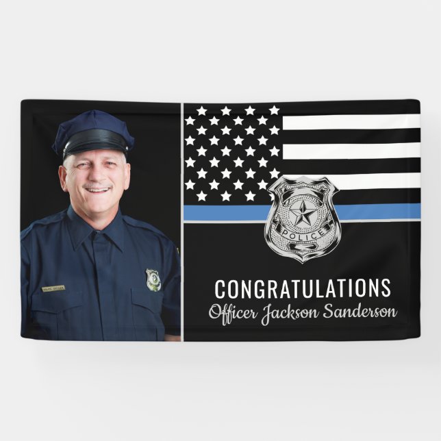 Banderoles Police Blue Line Flag Congrats Photo Retraite (Horizontal)