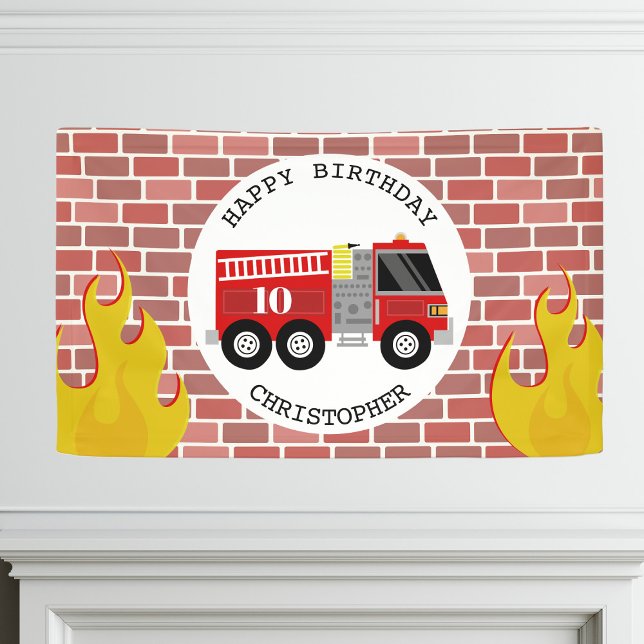 Banderoles Pompiers Camion Flames en brique Anniversaire (Créateur téléchargé)