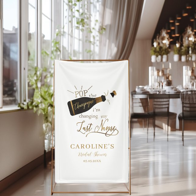 Banderoles Pop le champagne je change mon nom de famille ! ("Pop the champagne, i´m changing my last name!" White, Bridal Shower Banner.)