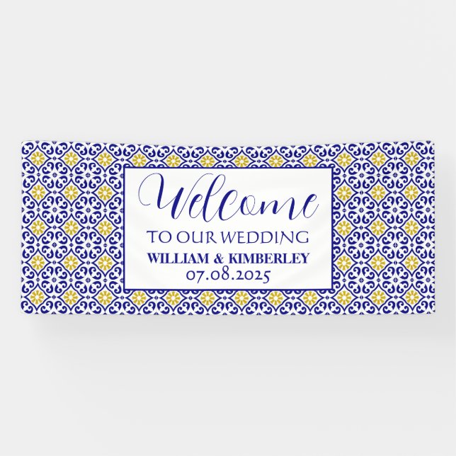 Banderoles Portugais Carreaux Bleu Rustique Élégant Mariage (Horizontal)