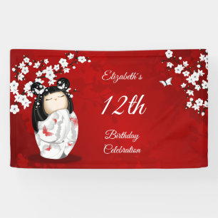 Banderoles Poupée Kokeshi Fleur de Cerisier Rouge Anniversa