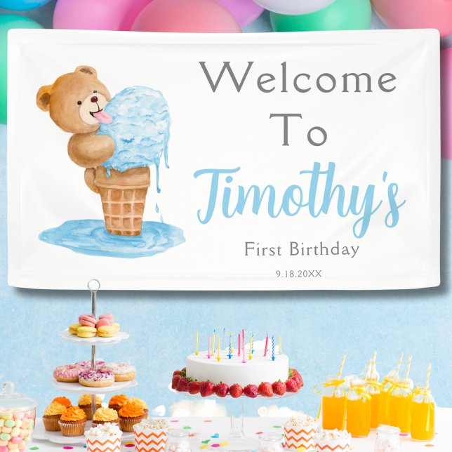 Banderoles Premier anniversaire Boy Teddy Bear Crème de glace (Créateur téléchargé)