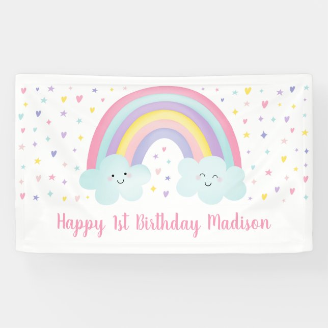 Banderoles Premier anniversaire du Cute Pastel Rainbow Nuages (Horizontal)