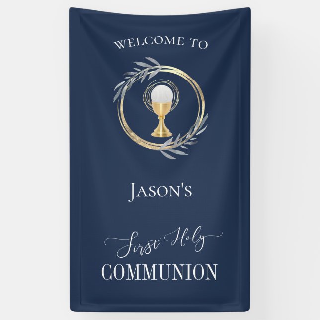 Banderoles Premier communion classique bleu et faux cercle or (Vertical)