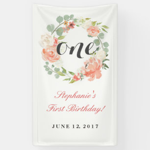 Banderoles Première Anniversaire Rose Floral Wreath Une banni
