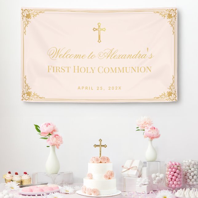 Banderoles Première communion de fille rose Croix d'or Faux B (Créateur téléchargé)