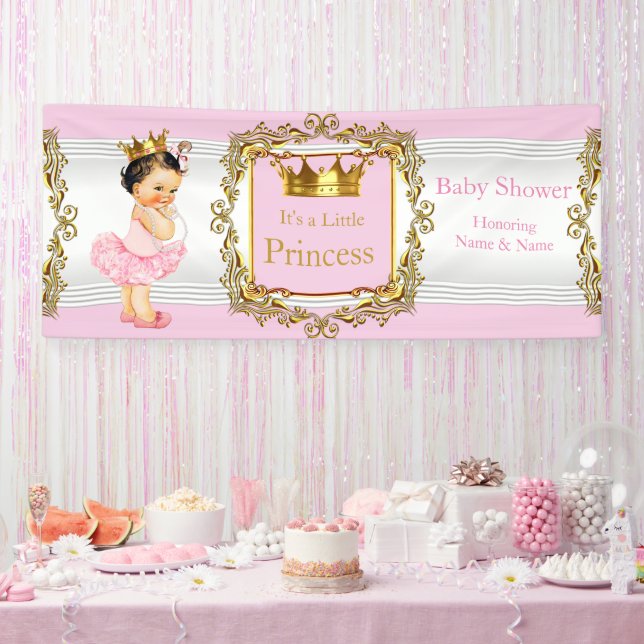 Banderoles Princesse Baby shower Rose Or Blanc Brunette Bébé (Fête)