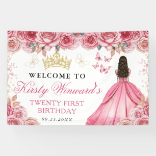 Banderoles Princesse Brune Robe Rose Fleurie Anniversaire