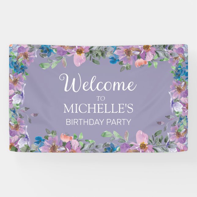 Banderoles Purple Blue Floral Femmes fête d'anniversaire Bien (Horizontal)