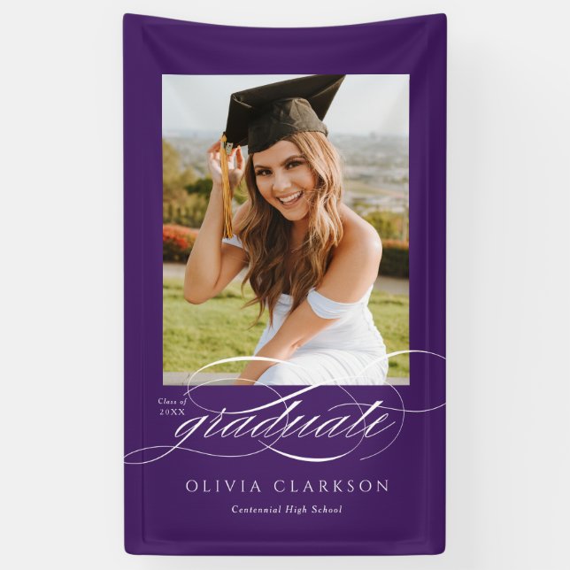 Banderoles Purple Elegant Script Graduation Photo Party (Vertical)