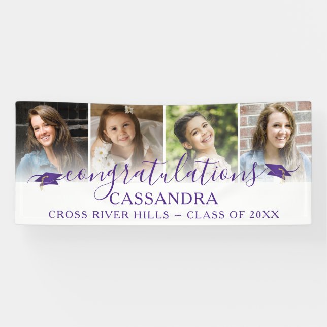 Banderoles Purple Graduation Félicitations Script 4 Photos (Horizontal)