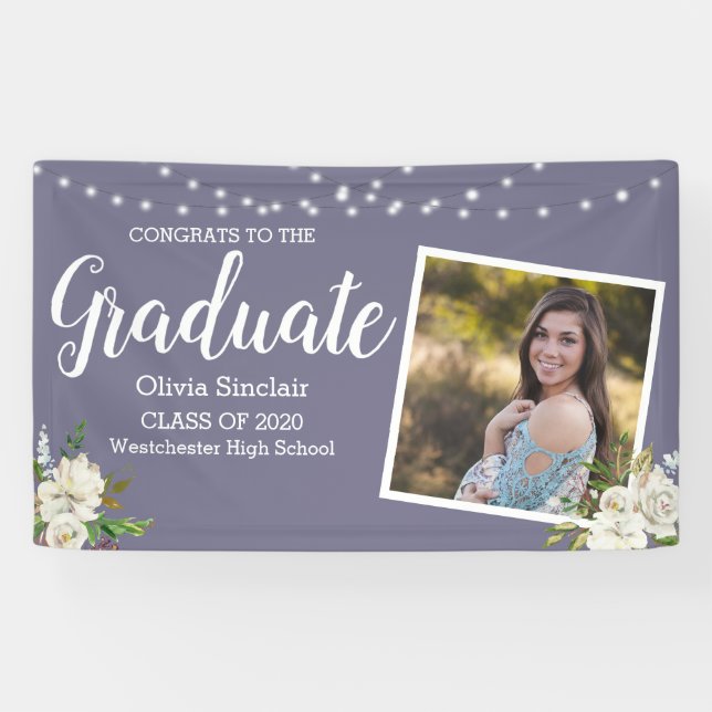 Banderoles Purple Graduation Photo Floral Chaîne Lumières (Horizontal)