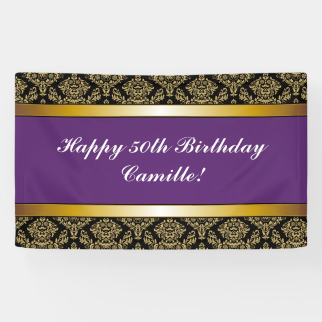 Banderoles Purple N'Importe Quel Âge Or Damask Anniversaire B (Horizontal)